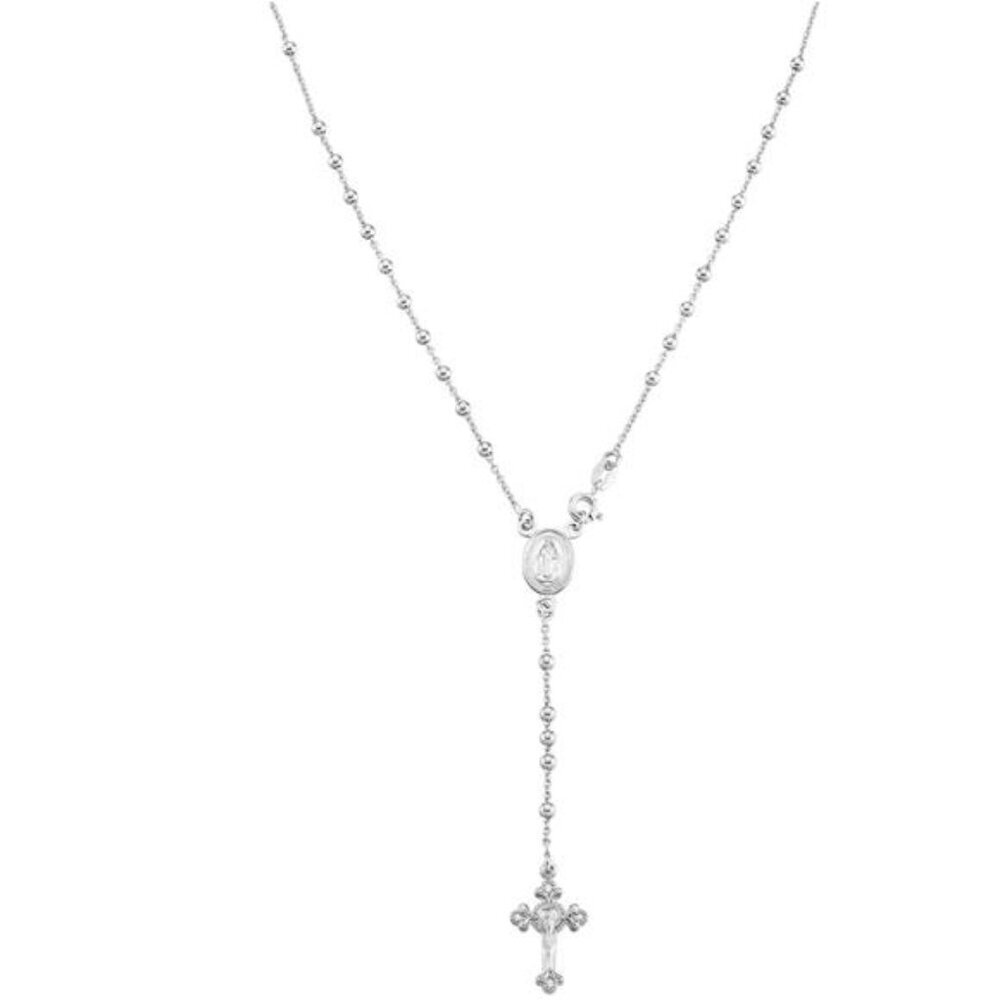 Italian 925Sterling Silver or 18K Gold Plated Rosary Bead Cross Y Necklace Chain